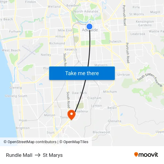 Rundle Mall to St Marys map