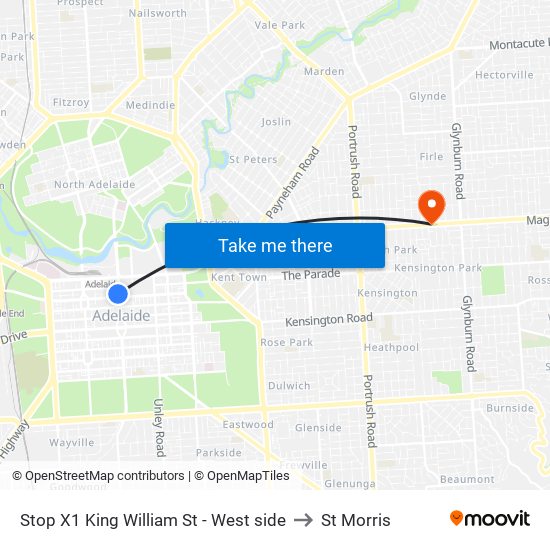 Stop X1 King William St - West side to St Morris map