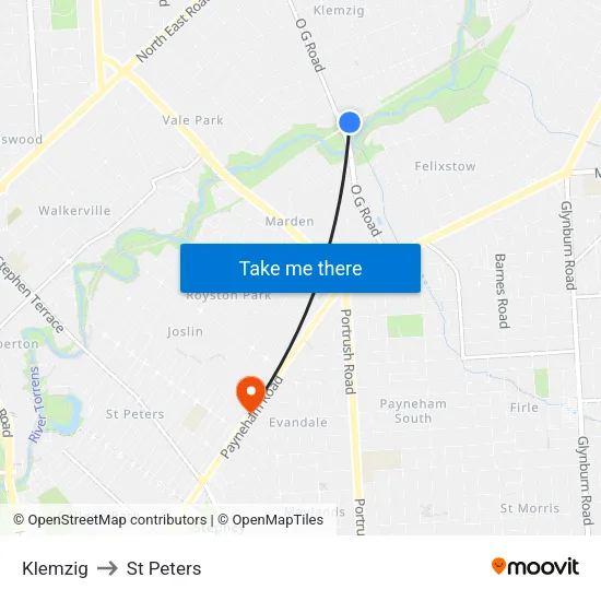 Klemzig to St Peters map