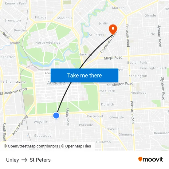 Unley to St Peters map