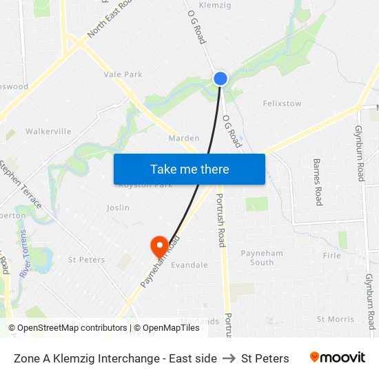 Zone A Klemzig Interchange - East side to St Peters map