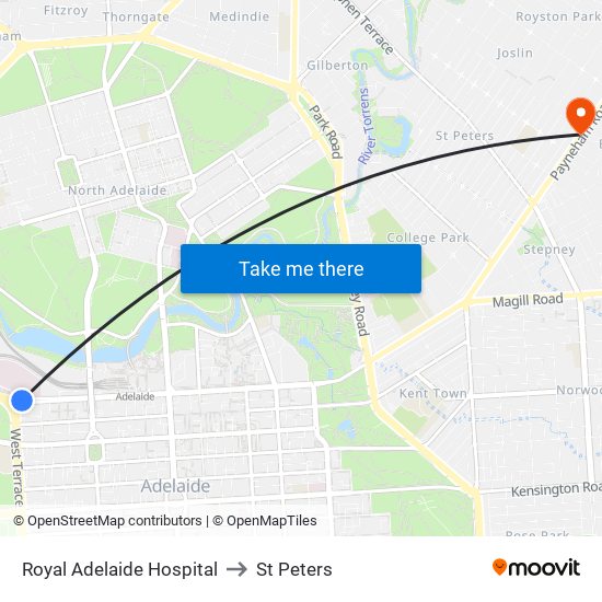 Royal Adelaide Hospital to St Peters map