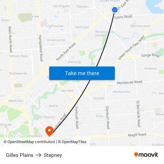 Gilles Plains to Stepney map