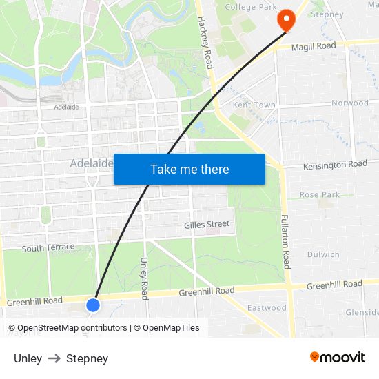 Unley to Stepney map