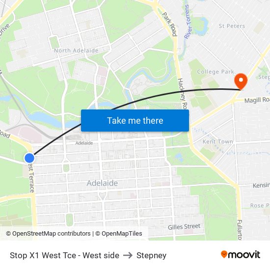 Stop X1 West Tce - West side to Stepney map