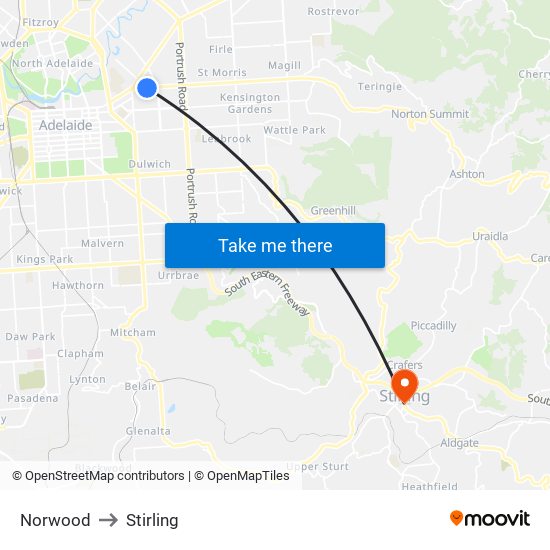 Norwood to Stirling map