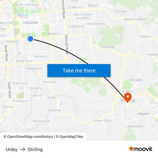 Unley to Stirling map