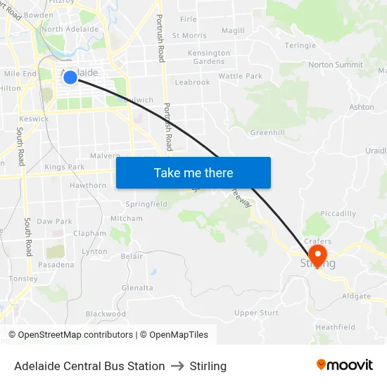 Adelaide Central Bus Station to Stirling map