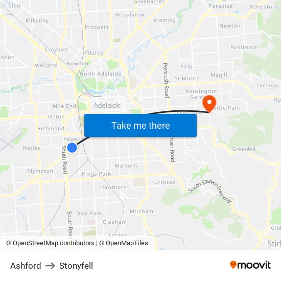 Ashford to Stonyfell map