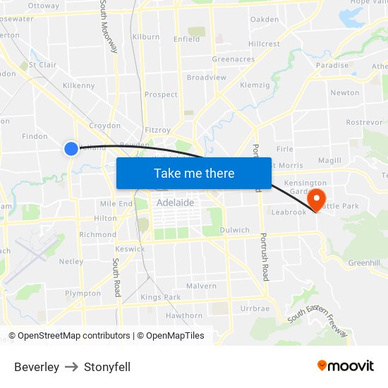 Beverley to Stonyfell map