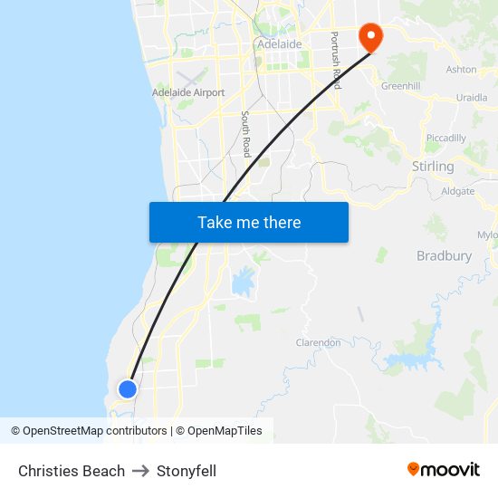 Christies Beach to Stonyfell map