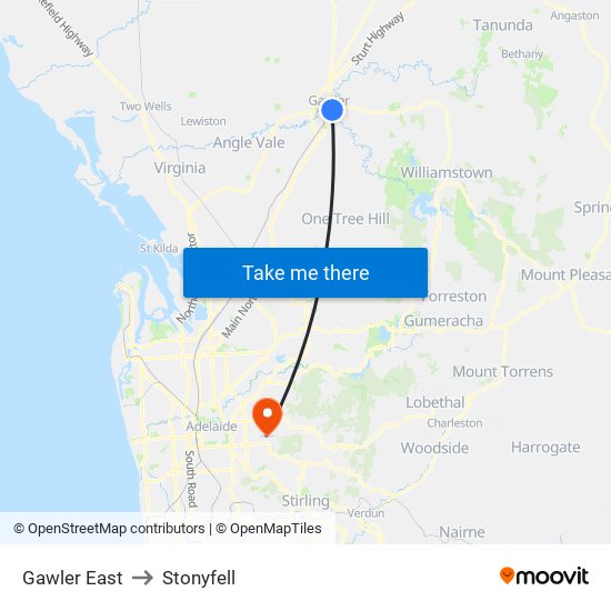 Gawler East to Stonyfell map