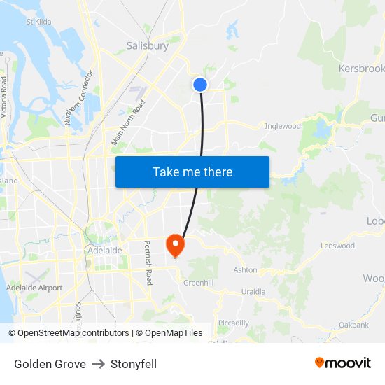 Golden Grove to Stonyfell map