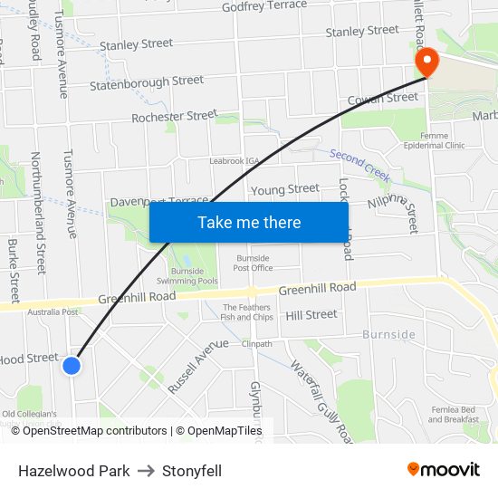 Hazelwood Park to Stonyfell map