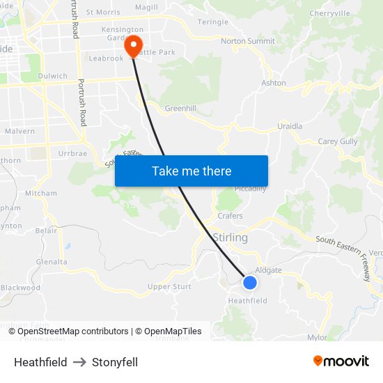 Heathfield to Stonyfell map