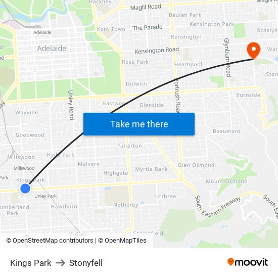 Kings Park to Stonyfell map