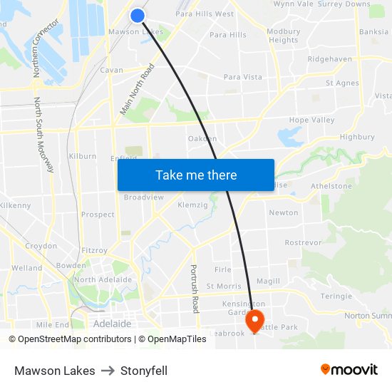 Mawson Lakes to Stonyfell map