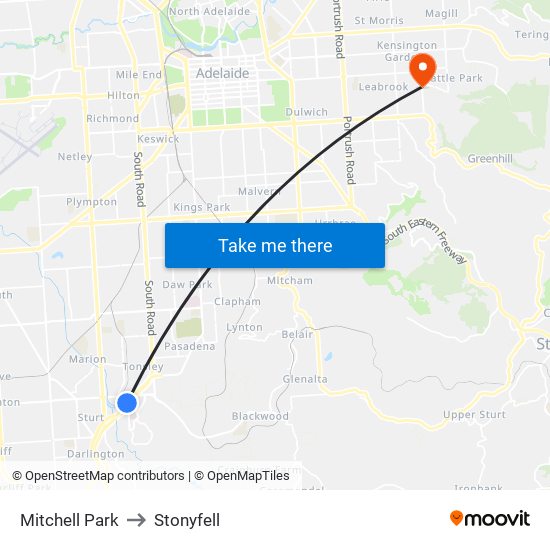 Mitchell Park to Stonyfell map