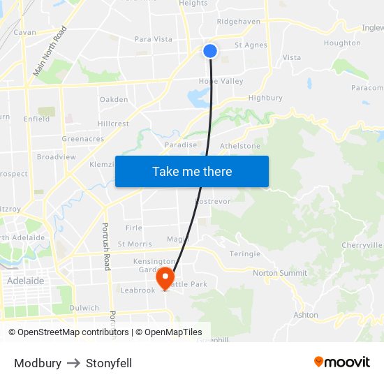 Modbury to Stonyfell map