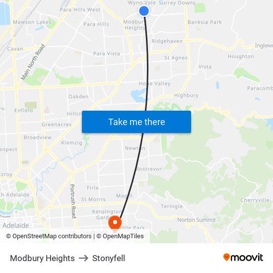 Modbury Heights to Stonyfell map