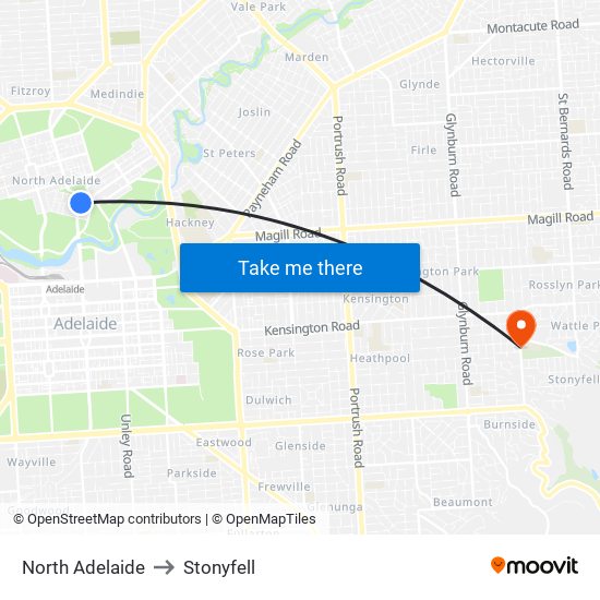 North Adelaide to Stonyfell map