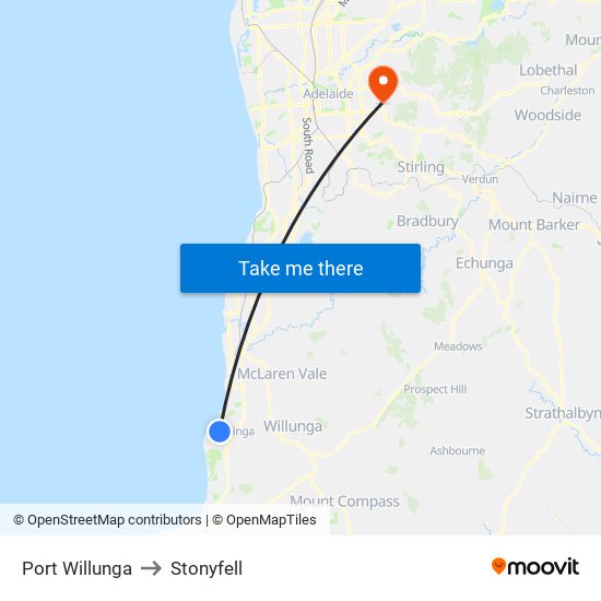 Port Willunga to Stonyfell map