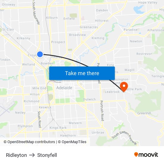 Ridleyton to Stonyfell map