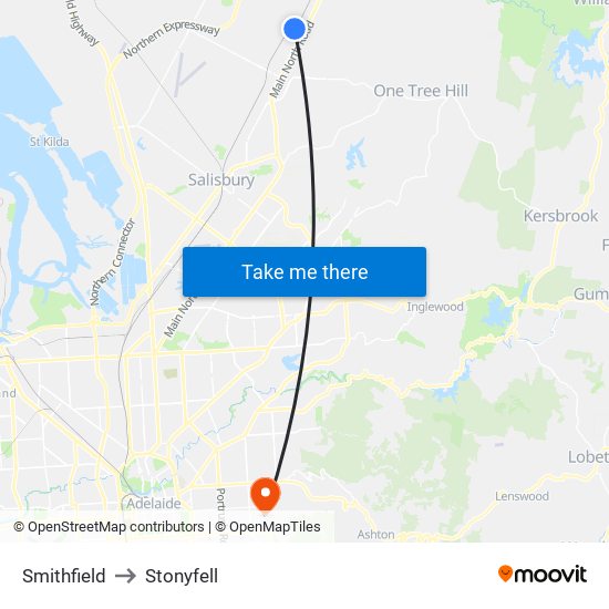 Smithfield to Stonyfell map