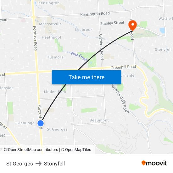 St Georges to Stonyfell map