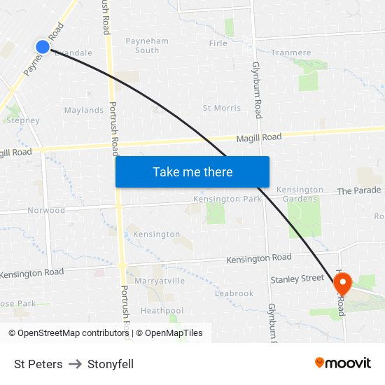 St Peters to Stonyfell map