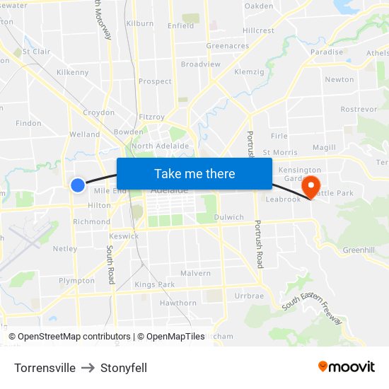 Torrensville to Stonyfell map