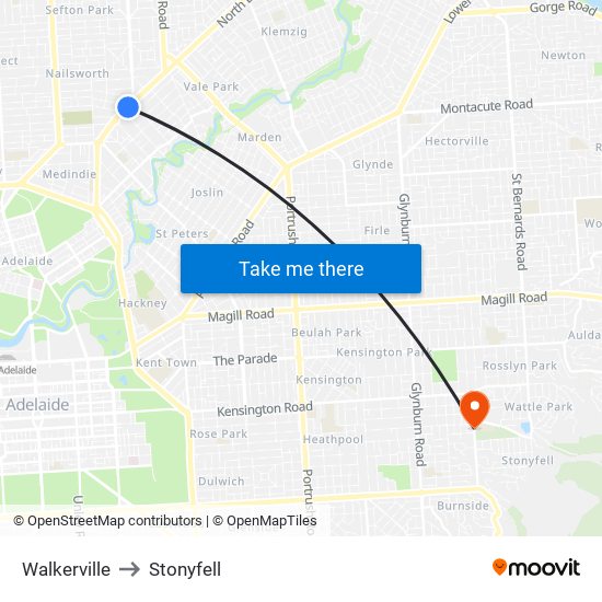 Walkerville to Stonyfell map