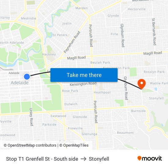 Stop T1 Grenfell St - South side to Stonyfell map