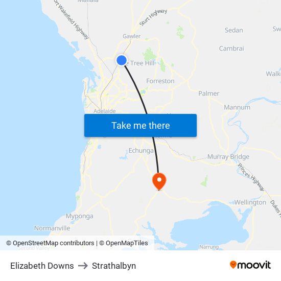 Elizabeth Downs to Strathalbyn map