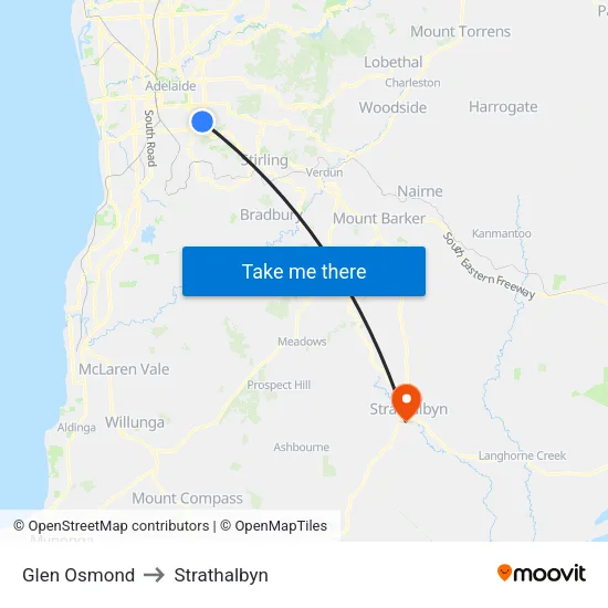 Glen Osmond to Strathalbyn map