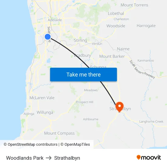 Woodlands Park to Strathalbyn map