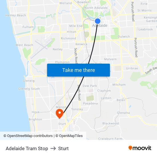 Adelaide Tram Stop to Sturt map