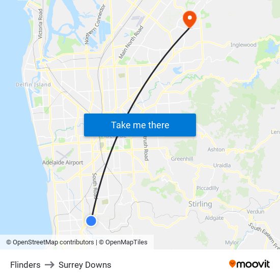 Flinders to Surrey Downs map