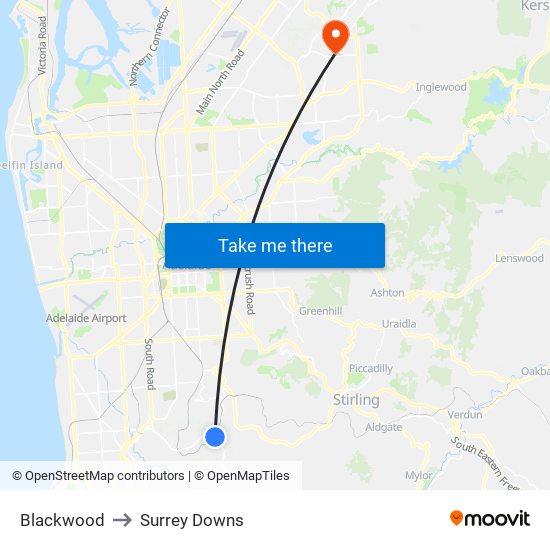 Blackwood to Surrey Downs map