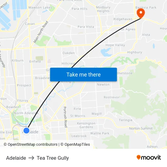 Adelaide to Tea Tree Gully map