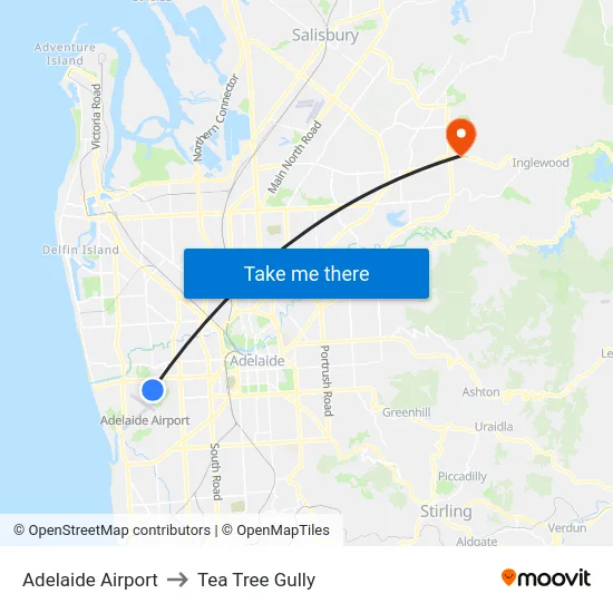 Adelaide Airport to Tea Tree Gully map