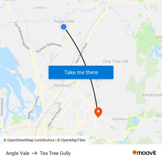 Angle Vale to Tea Tree Gully map