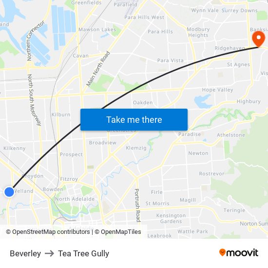 Beverley to Tea Tree Gully map