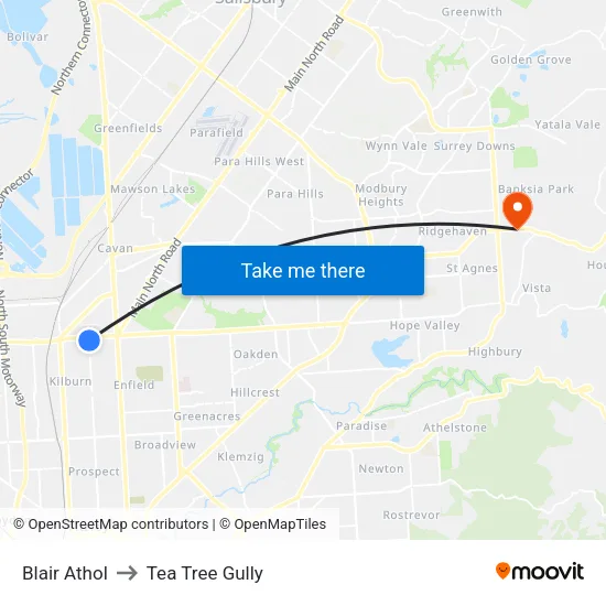 Blair Athol to Tea Tree Gully map