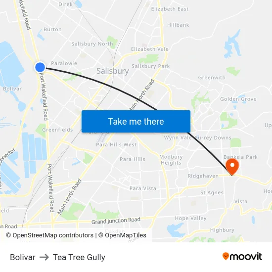 Bolivar to Tea Tree Gully map