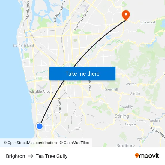 Brighton to Tea Tree Gully map