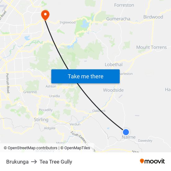 Brukunga to Tea Tree Gully map