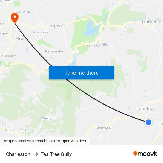 Charleston to Tea Tree Gully map