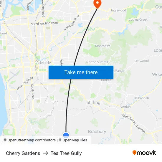 Cherry Gardens to Tea Tree Gully map