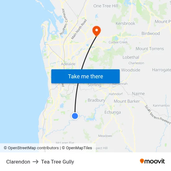 Clarendon to Tea Tree Gully map